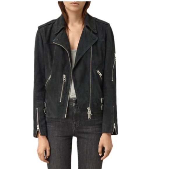 All Saints Jackets & Blazers - All Saints Edwards Biker Goat Suede Biker Jacket Navy/Gray Size US 2
